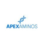 Apex Aminos logo in solid blue, featuring a DNA double helix icon positioned directly above the brand name.