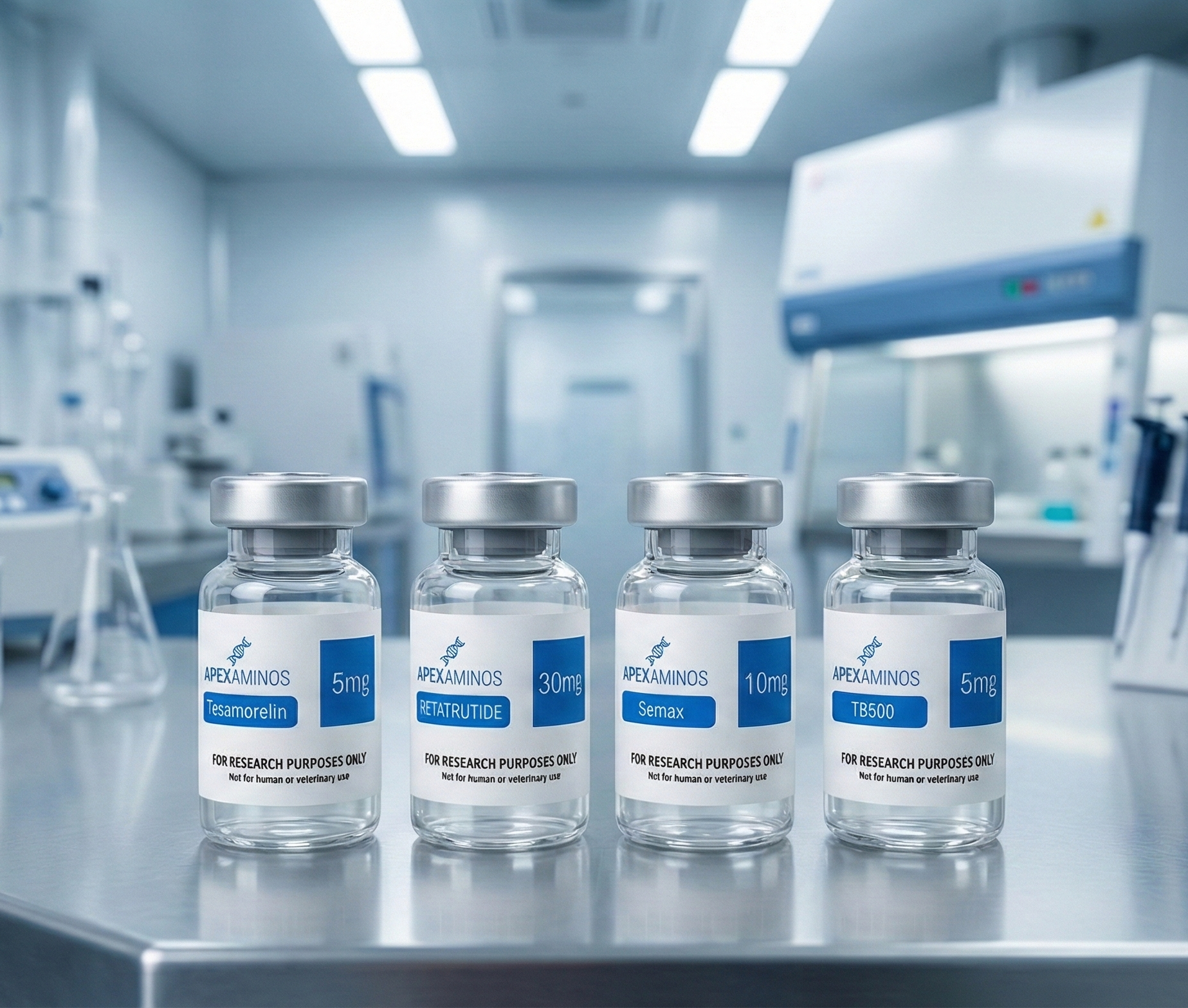 Four Apex Aminos research peptide vials (Tesamorelin, Retatrutide, Semax, and TB500) displayed on a stainless steel laboratory table.